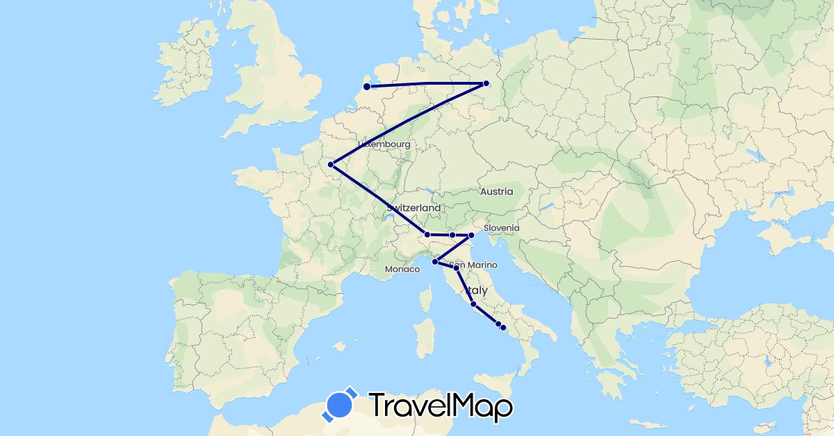 TravelMap itinerary: driving in Germany, France, Italy, Netherlands (Europe)